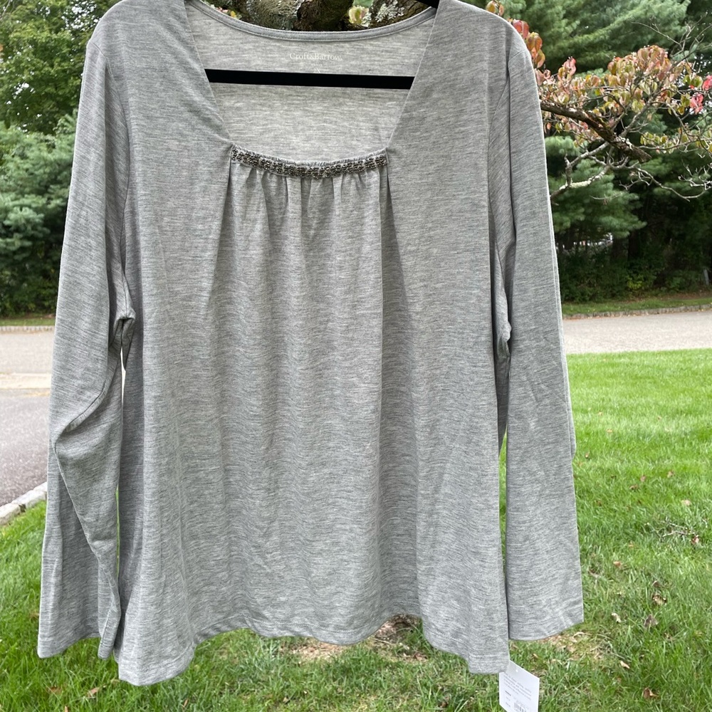 Croft & Barrow Heather Grey long sleeve tee with embellished square neck line.